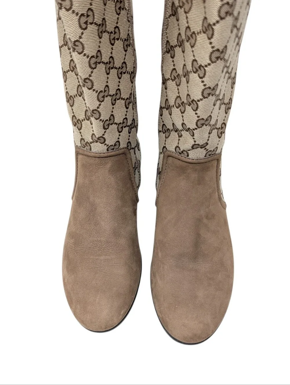 Gucci Monogram Beige Brown Canvas Suede Knee High Flat Riding Boots Size EU 37.5